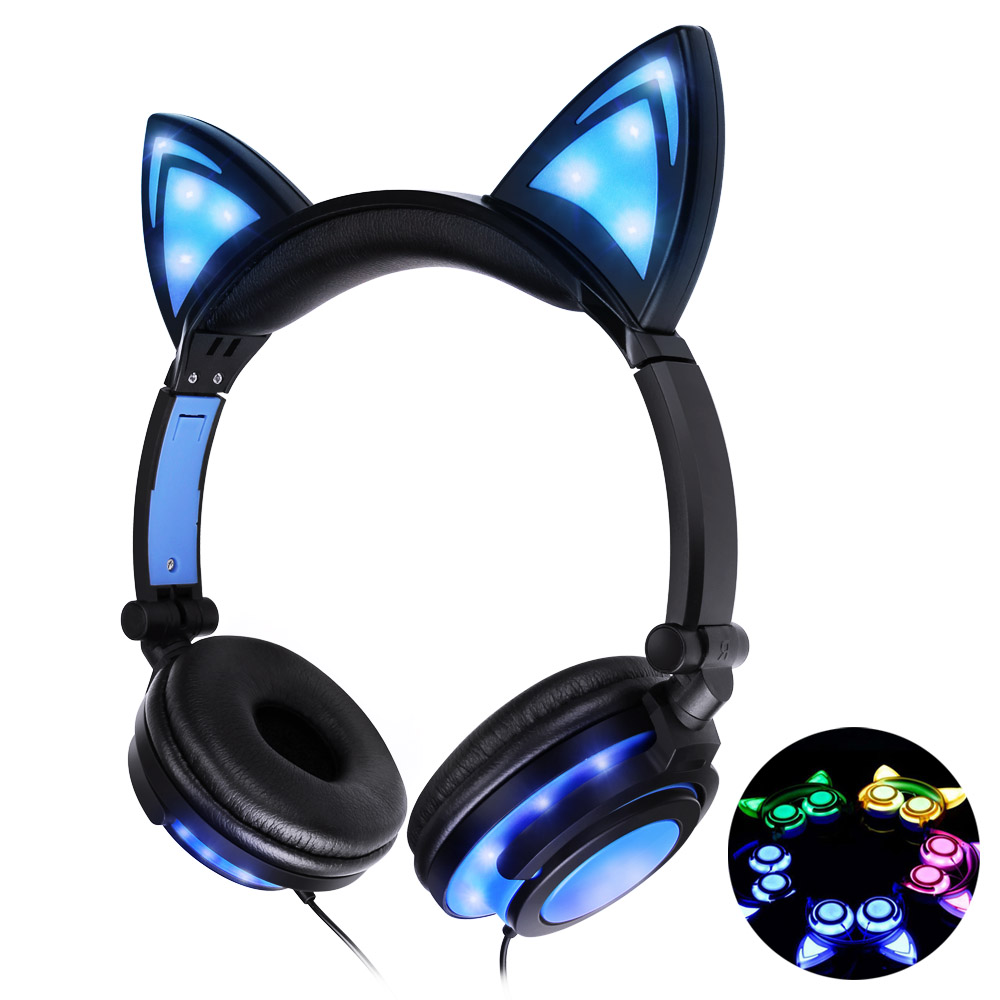 Betheaces Cat Ear Kids Headphones USB Rechargeable&LED Light Up Foldable Over Ear Headphones Headsets for Girls,Boys
