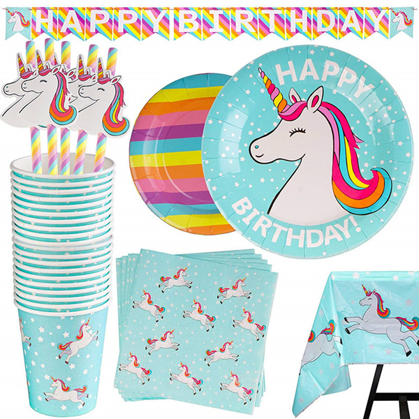 Betheaces 102 Piece Rainbow Unicorn Party Supplies Set Including Banner, Plates, Cups, UPC: 192594527213 