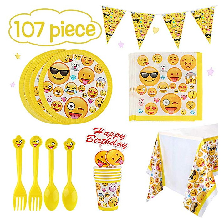Betheaces Emoticon Party Supplies 107 Piece Birthday Decorations Emoticon Paper Plates for Kids Boy Girl Disposable Tableware Cake Topper Set, Napkins, Banner, Serves 20 UPC: 716955864320