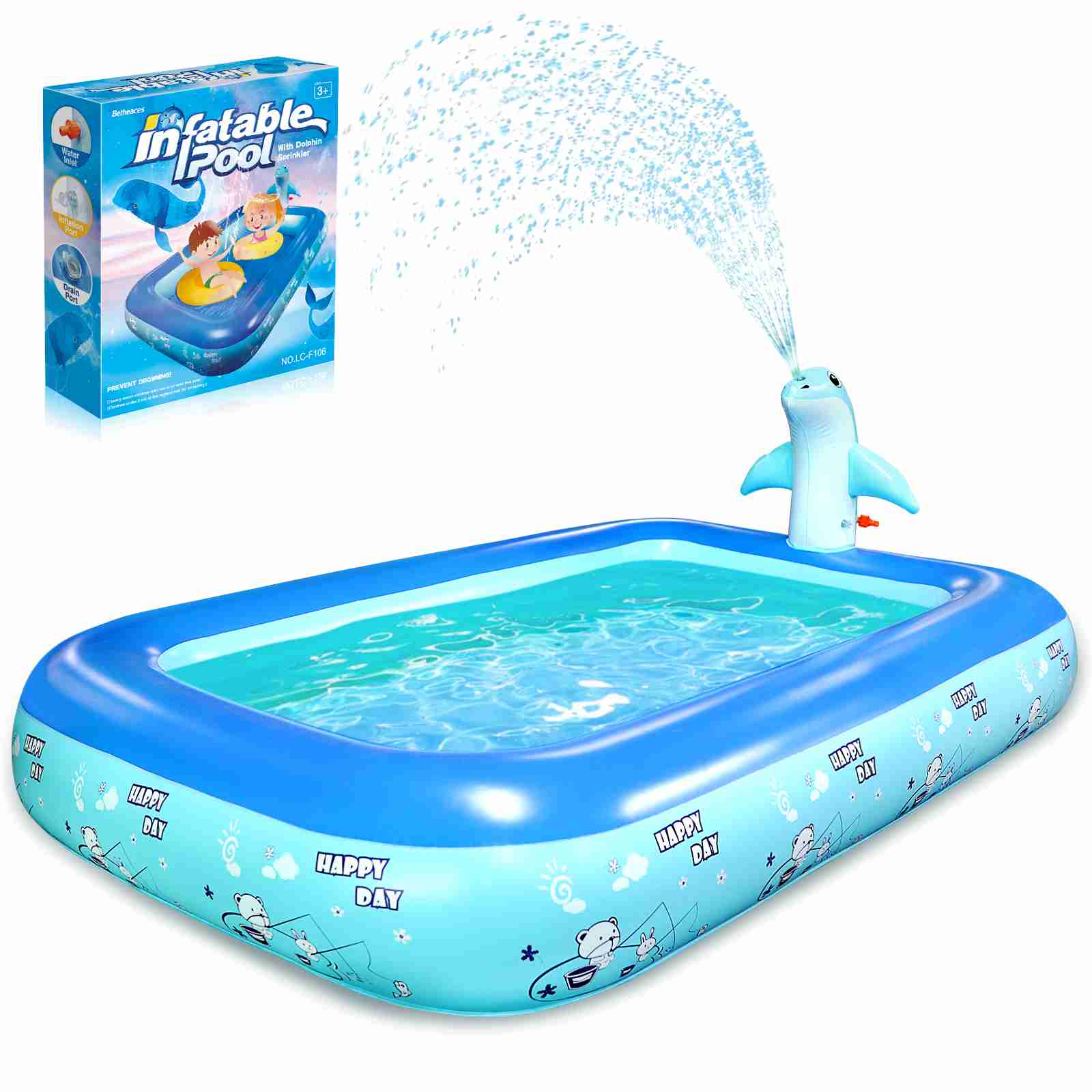 Betheaces Inflatable Pool with Dolphin Sprinkler - Swimming Kiddie Pool Toys Sprinkler for Kids Toddlers Boys Girls, Summer Pool Toys for Outdoor Indoor 78 × 55 inches