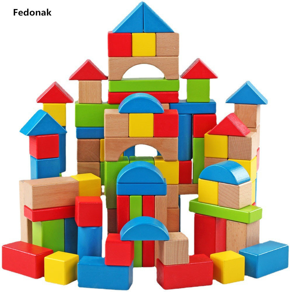 Fedonak Wooden Building Blocks Set - 100 Blocks in 4 Colors and 9 Shapes